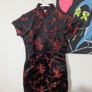 Elegant Black and Red Floral Dress